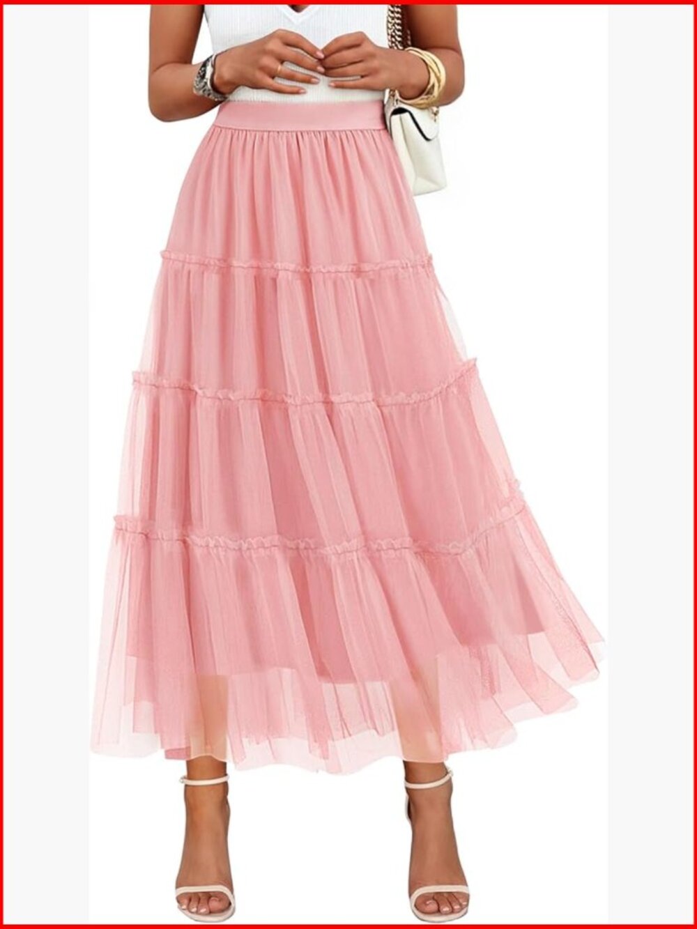 Tulle Maxi Skirt A-Line Flowy Ruffle Tiered Elastic High Waist Midi Long
